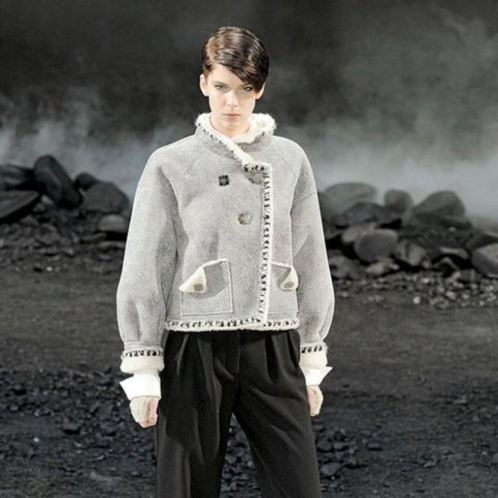 CHANEL Grey Black Distressed Leather & Shearling from 2011 RUNWAY Jacket $8.2K